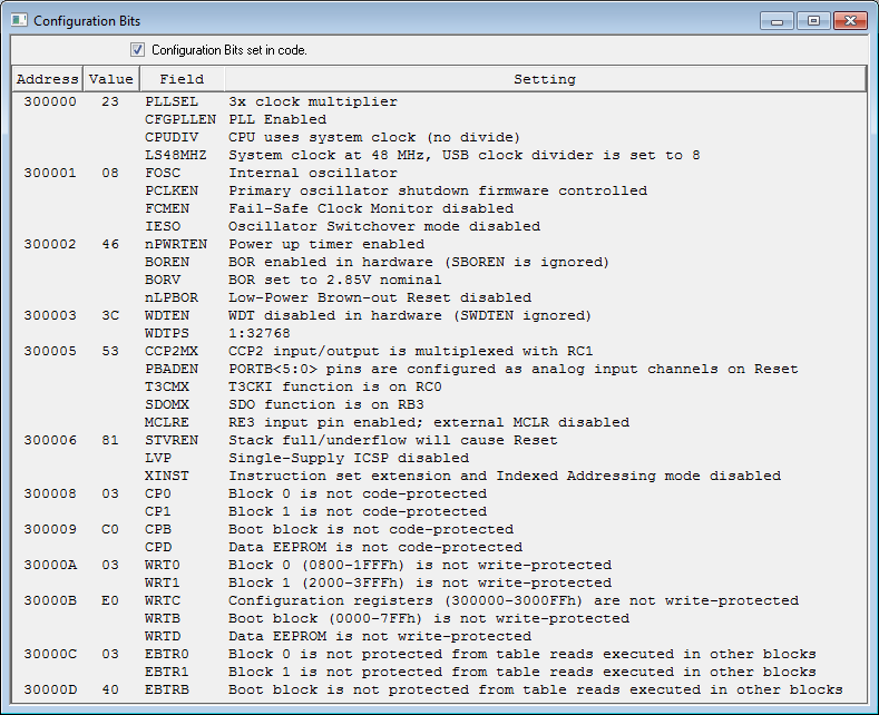 Config registers for bootloader v.2.32