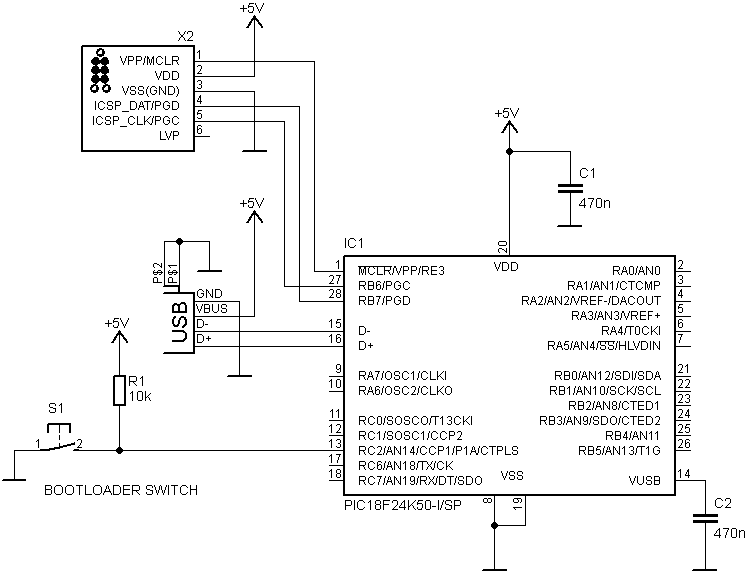 PIC18F24K50 HID bootloader schematic diagram