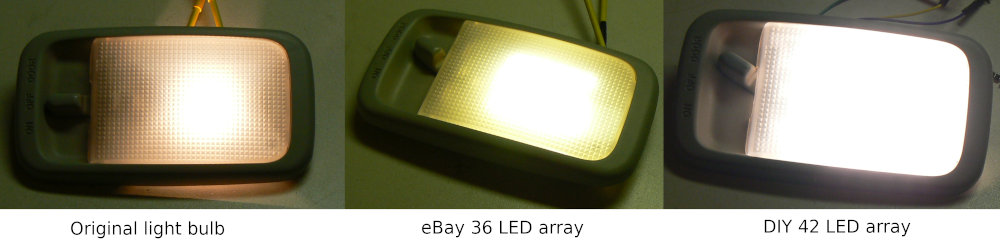 Toyota Hilux interior light comparison
        between filament bulb and LED arrays