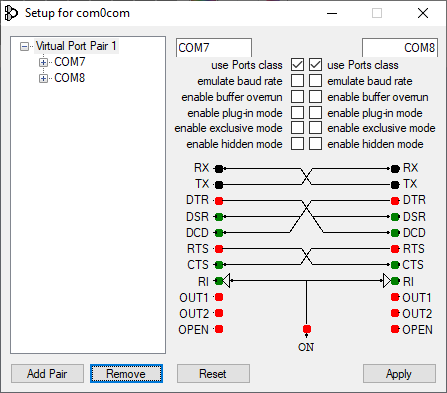 com0com setup for 2 bridged virtual COM ports