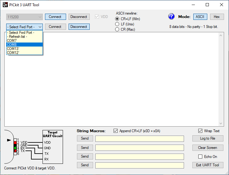 Connecting PICkitminus UART tool to com0com virtual COM
      port