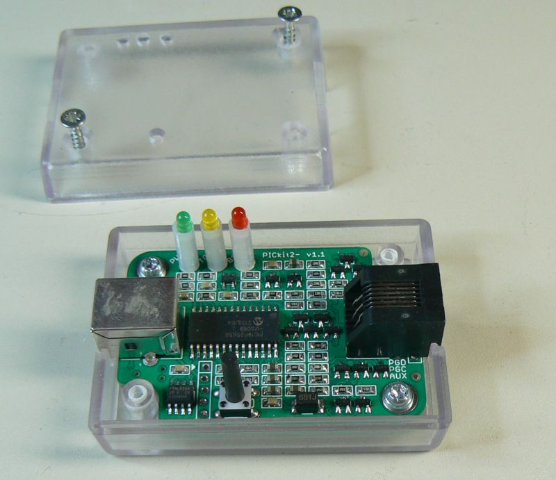 PICkit2 clone with
      enclosure open